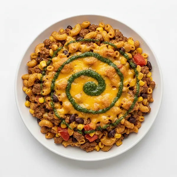 Rustic cowboy beef and macaroni casserole with basil oil drizzle